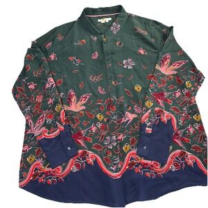 Boden Blouse Women 18 Plus Size Green 100% Silk Blue Birds & Flowers Long Sleeve
